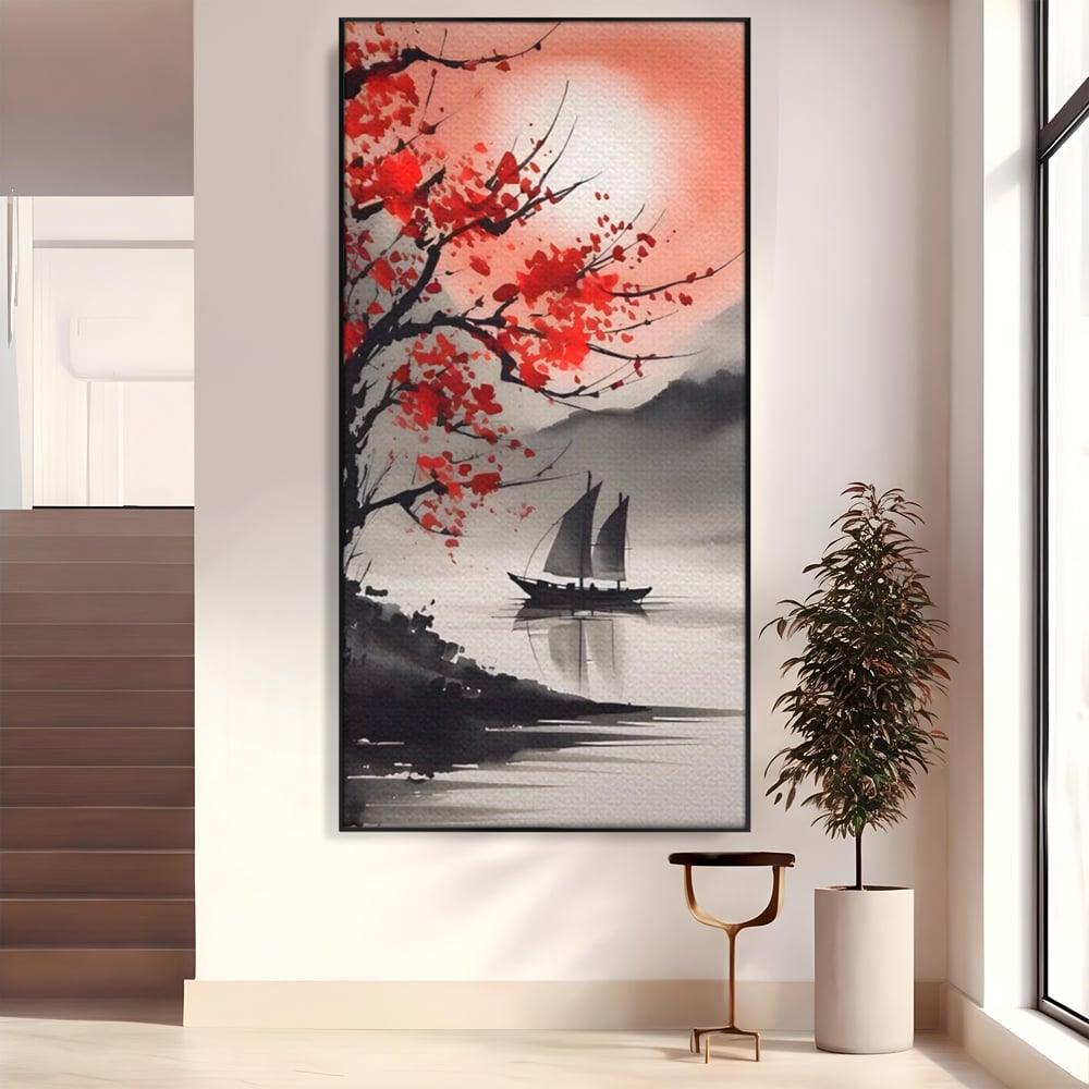 Tablou canvas cu tablou canvas cu barca si copac rosu, in rama de aluminiu negru